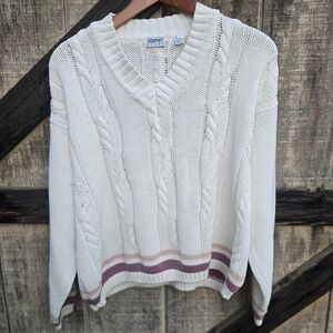 Esprit Ivory V-Neck Sweater with Pink Accents